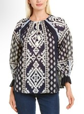 TORY BURCH Blue White Candice Printed Cotton Embroidered Tassel Tie Top Size M