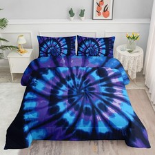 Tie Dye Comforter Set Blue Spiral Printed Pattern Bedding Set with 1 Comforte...