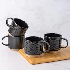 GBHOME 12OZ Stackable Coffee Mugs, Ceramic Coffee Mugs Set of 4 Oven Safe, Black