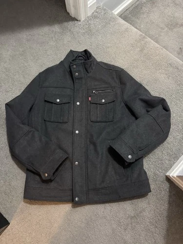 Levi's Mens M Field Jacket Charcoal Grey Quilted Bib Wool Blend Military Bomber - product listing photo