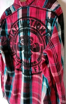 Affliction Black Premium Mens Sz XL Red/Blue/Black Plaid Button Up Long Sleeve 