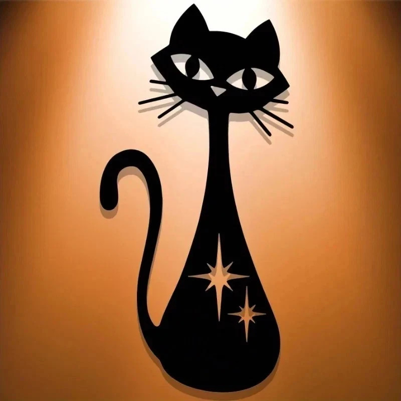 Black atomic cat silhouette with starburst — the most iconic symbol of MCM kitsch, laser-cut in metal and impossible not to smile at.