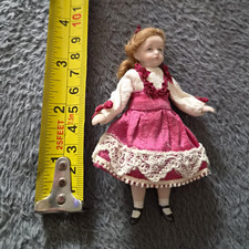 1:12 Scale Miniature Dollhouse Girl Doll Pink/White Dress, Auburn Hair, 11cm