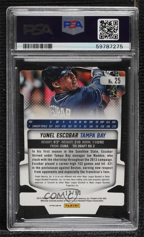 2014 Panini Prizm Orange Prizm Die-Cut /60 Yunel Escobar #25 PSA 10 GEM MT - Image 2 of 2