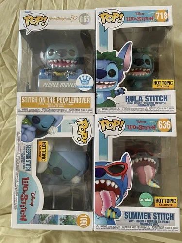 Funko pop Lot x4 Stitch 1 Disney People mover 1165, Hula 718, Sleeping, Summer
