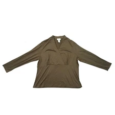 Elana by Tanner Women's Olive Green Long Sleeve V-Neck Top Silk Blouse