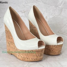 Handmade Women Platform Pumps Cork Wedges Heels Peep Toe White Casual Shoes