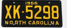1966 NORTH CAROLINA LICENSE PLATE XK-5298 BLACK YELLOW VINTAGE ORIGINAL TAG