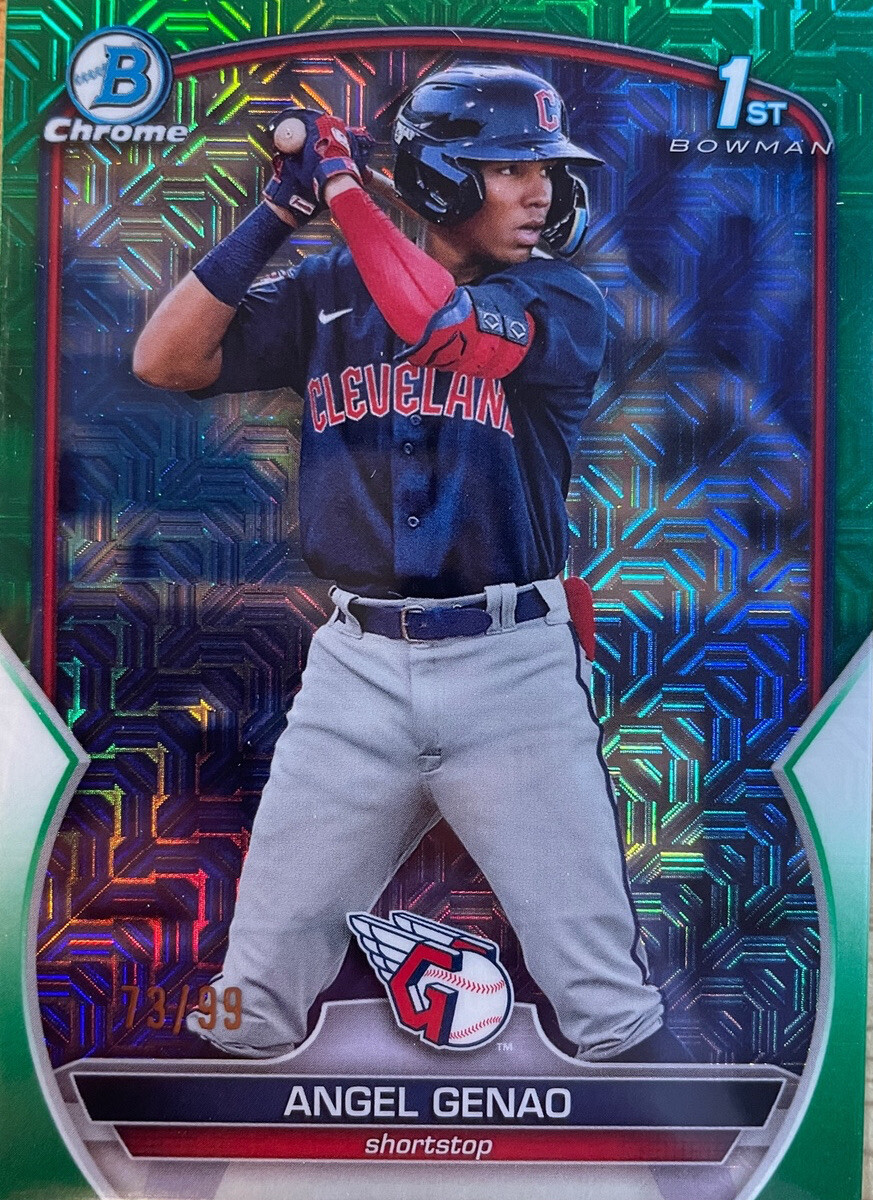 Angel Genao 2023 Bowman 1st Chrome #BCP-140 Green Mojo Mega Refractor #/99
