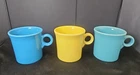 3 HLC FIESTA USA Ring Handle Pottery Mugs Pastel Tones Yellow Sea Mist Blue
