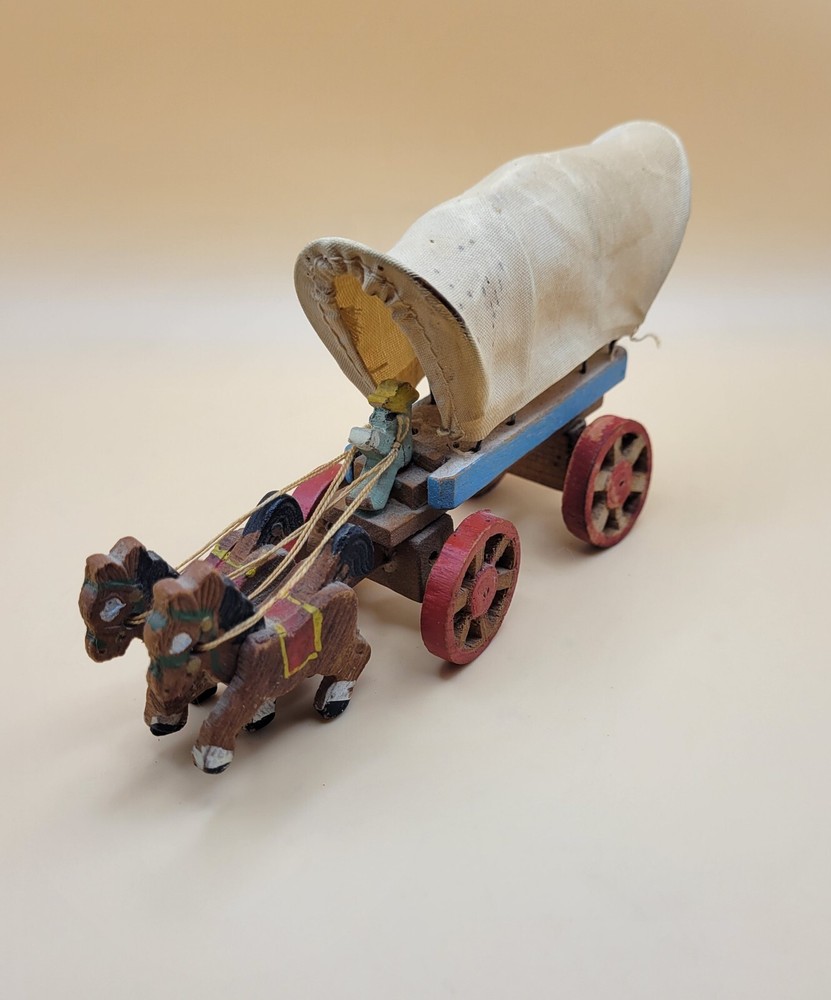 Vintage Antique Hand Made Wooden Mini Horses & Covered Wagon Carriage From Japan