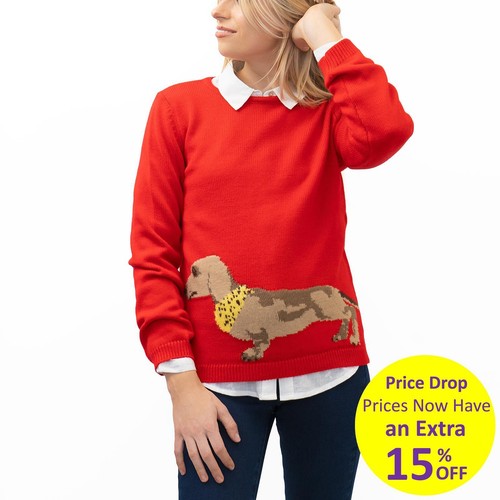 Womens Jumper Red Sausage Dog Intarsia Pullover Animal Crew Fun