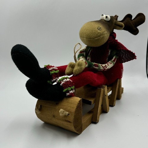 Christmas Plush Moose Reindeer on Brown Wooden Sleigh Holiday Decor - Picture 6 of 13