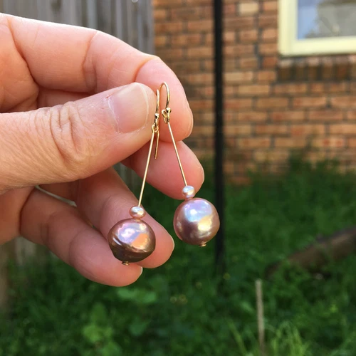 E210 Baroque 11-12mm pearl Natural amazing Gold-Purple 14KGF earring AAAALUSTER  - Picture 6 of 12