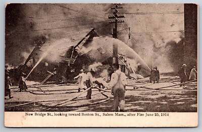 Fire Scene 1914 Salem MA Firemen Water Hoses Building Collapse Postcard Y13