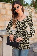 Womens Puff Long Sleeve Pleated Tops Loose V Neck Blouse Casual Tunic...