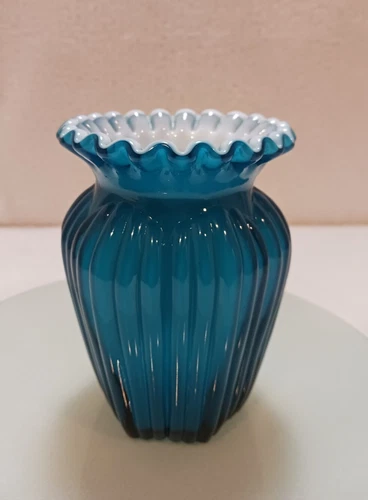 Fenton Jamestown Overlay Turquoise and White Ribbed  Crimmped Vase *Read Details
