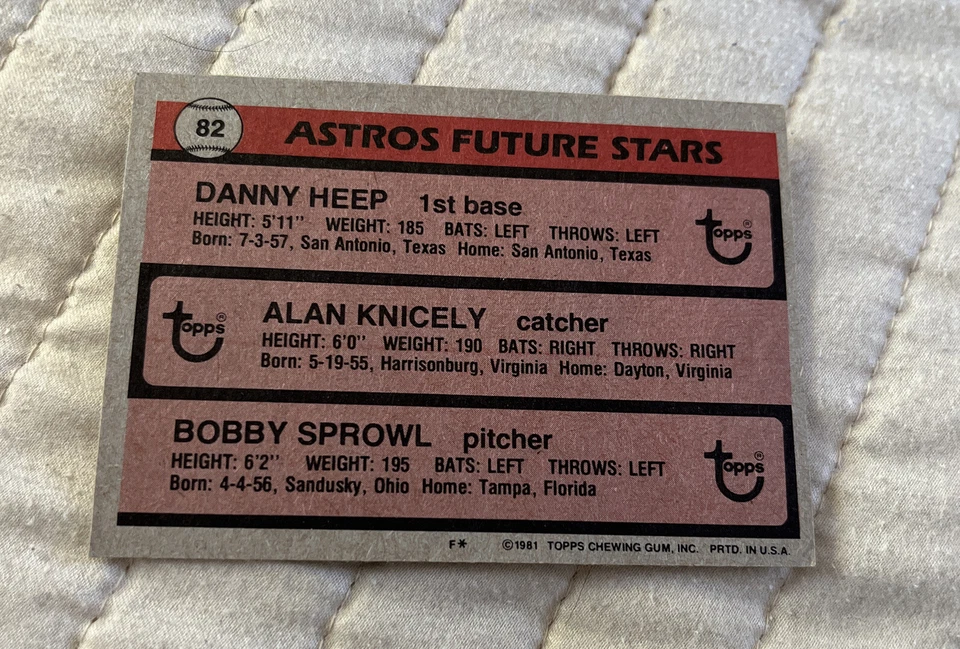 1981 TOPPS ASTROS FUTURE STARS - DANNY HEEP/ALAN KNICELY/BOBBY SPROWL RC HOUSTON - Image 2 of 2
