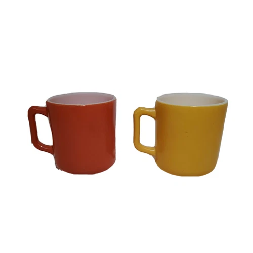 2 Vintage HAZEL Atlas Oven Proof D Handle Coffee Tea TEACUP Mugs Orange Yellow