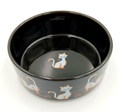 Whisker City 5'' pet Cat dish plate Black with White Tan Cat yarn food water bowl