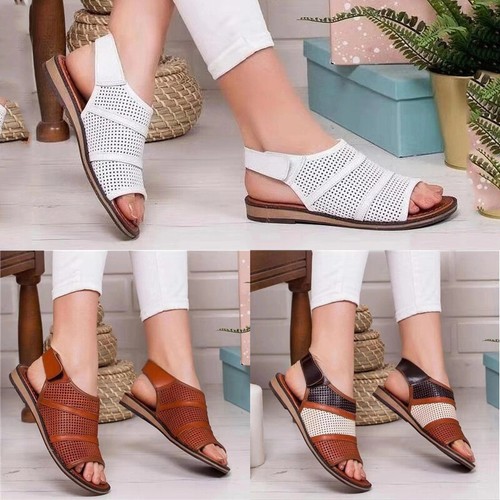 Mujeres Peep Toe Charol Sandalias Transpirable Comodidad Al Aire Libre  Zapatos Planos Talla Grande | eBay