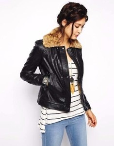 Free-People-Vegan-Aviator-Jacket-Faux-Leather-amp-Fur-Lined-Collar-Black-F631J911