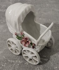 Ancien Landau Berceau En Porcelaine Signé Baptême Dragées Naissance Vintage 