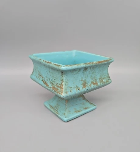 McCoy Pottery Planter Square Pedestal Turquoise & Brushed Gold Vintage MCM 4"T