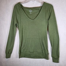 Old Navy Y2K Top Women's Sz S Green Hood Long Sleeve Pullover V-Neck Slim Pocket
