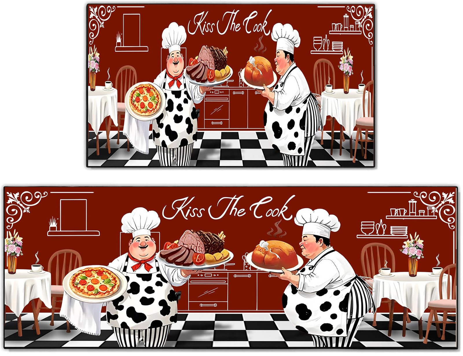 Red Chef Kitchen Rug 2-Piece Set Farmhouse Style Non-Slip Floor Mat Washable