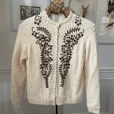 New NOS NWT Vintage 50s Beaded Pearl Button Cardigan Ivory Brown Wool S 40