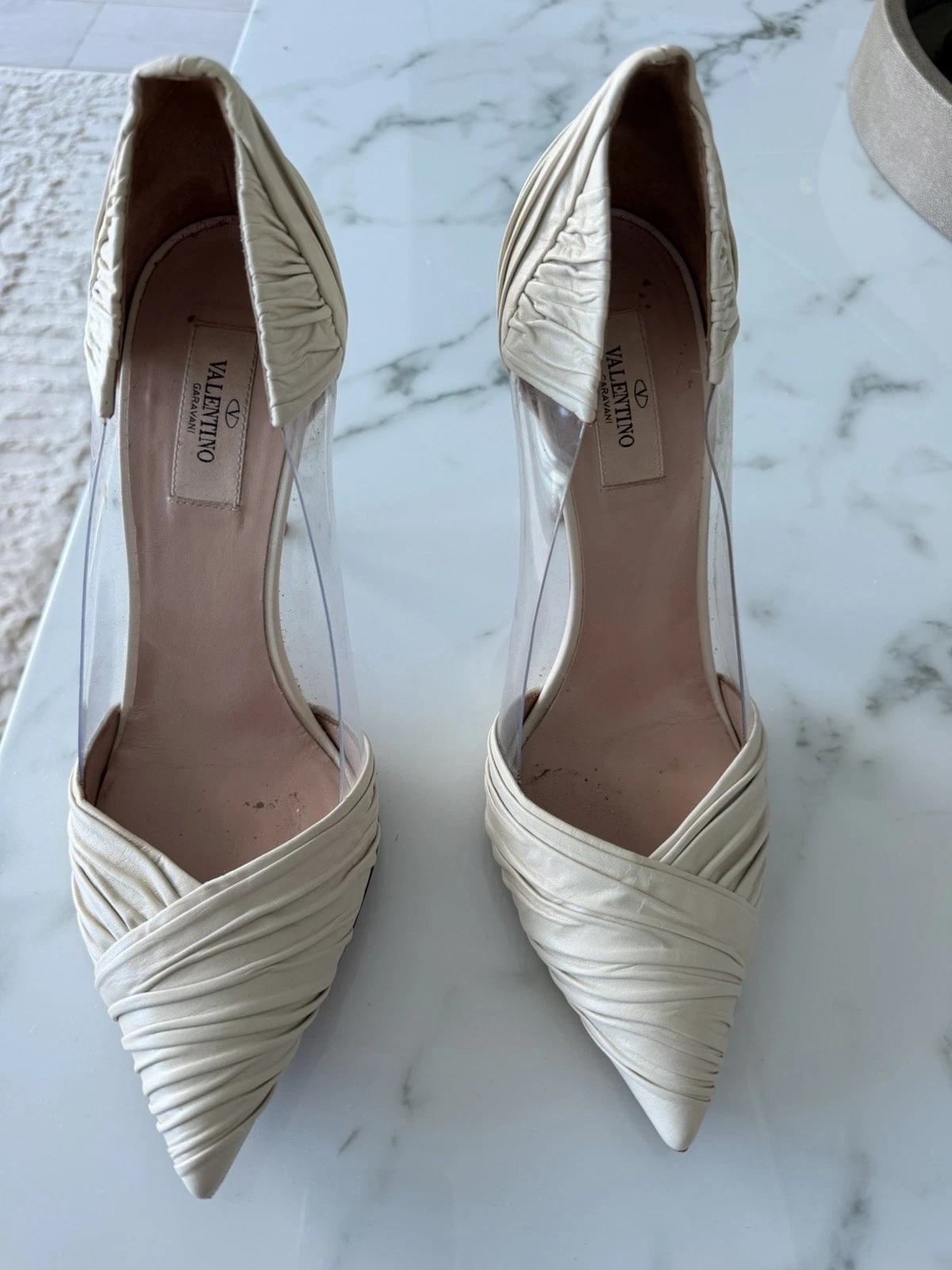 Valentino — Valentino Garavani Ivory Ruched D'Orsay Pointed Toe Leather/PVC Heel 40.5