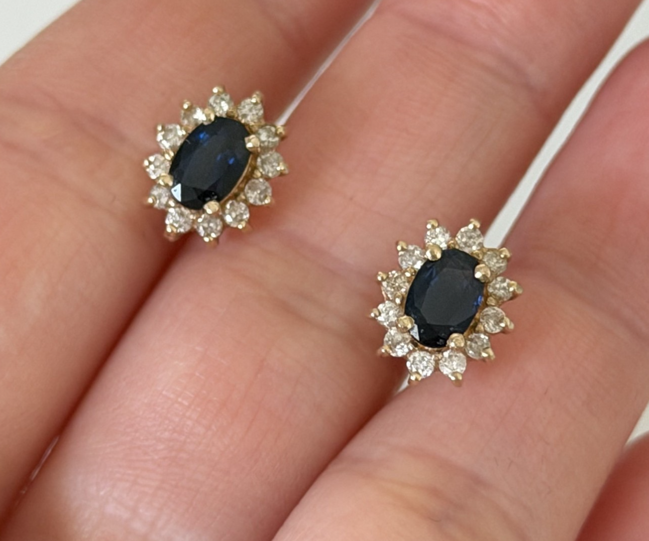Effy BH Signed 14K Yellow Gold Sapphire & Diamond Halo Pierced Stud Earrings