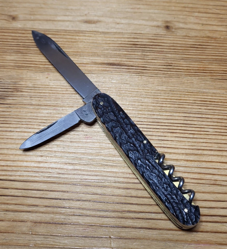 Navaja de bolsillo antigua vintage de los años 1930-40 rara con superposiciones de cuerno Robi Klaas Solingen. Foto 3 de 4