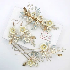 Abalone Flower Opal Gem Bridal Hairclip, Wedding Crystal Hair Clip or Earrings