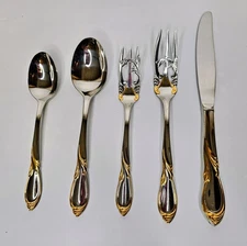 RARE 6 Place Settings YAMAZAKI CACHE 18/8 GOLD ACCENT 5 pc Set Style # 13200