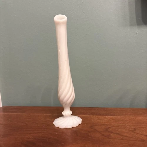 Vintage Fenton White Milk Glass Swirl Swung Bud Vase 9” Footed