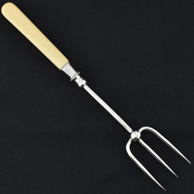 Antike Vintage Dreizack Elfenbein Knochen versilbert Aufschnitt Fleisch/Brot Servier Gabel