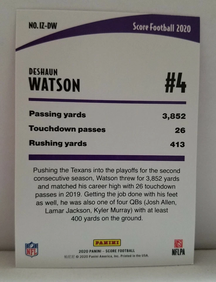2020 Score Football #IZ-DW Deshaun Watson In The Zone Houston Texans - Image 2 of 2