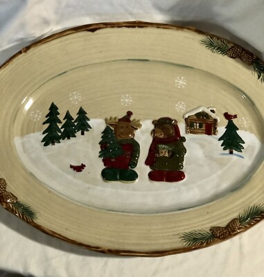 St Nicholas Square Heartland 18'' Oval Platter Moose Bear Log Cabin Pine Tree
