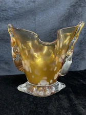Vintage B Rice / Brice Art Glass  Hand Blown - Amber Mottled Ruffled Vase- Bowl