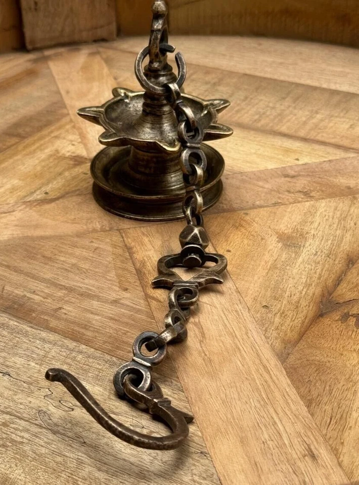 Antique Brass Hanging Diya Oil Light Lamp with Chain Original Old Fine Engraved - Image 4 of 4