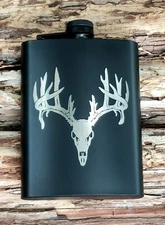 Deer Skull Bone Collector - Laser Engraved Black Stainless Hunting Flask 8oz 