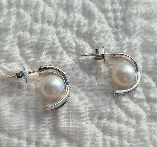 925 Silver Honora White Round Pearl Cubic Zirconia Cross Design Earrings Stud E9 - 第 1/5 張圖片