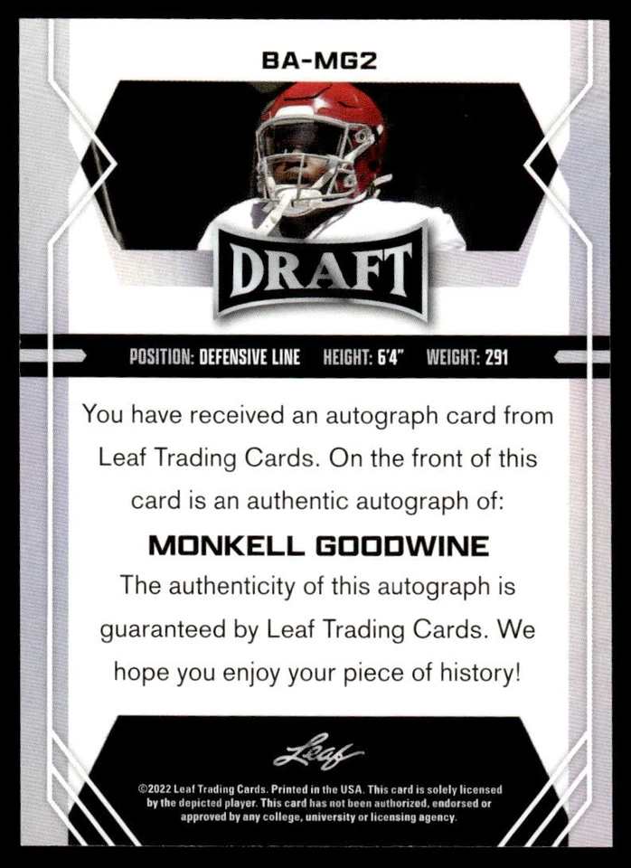 2022 Leaf Draft #BA-MG2 Monkell Goodwine RC Autographs Red Alabama Crimson Tide - Image 2 of 2
