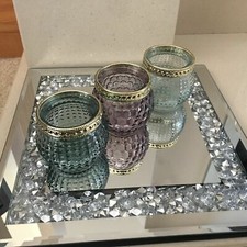 JEWELLED DIAMANTE MIRRORED CANDLE PLATE BLING WEDDING TABLE MIRROR CANDLE PLATE