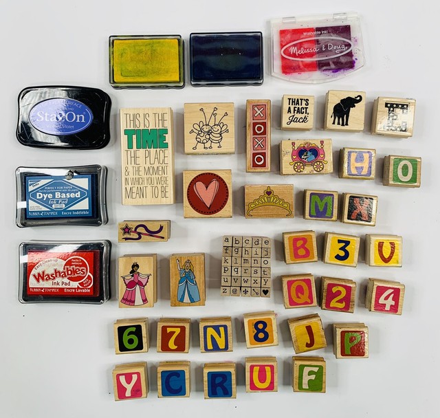 Lot Of 63 Wooden Stamps Plus 6 Ink Pads eBay
