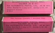 FRANKFORD  M1911 .45 ACP  W/CLIPS  EARLY 1920s  NEW REPLICA 20 ROUND AMMO BOXES