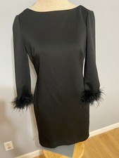 Eliza J Black Long Sleeves Feather Cuffs Cocktail Sheath Dress Size 2