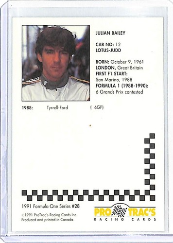 1991 ProTrac's Formula One #28 Julian Bailey Lotus Racing Card NM-MT ID:19173 - Picture 2 of 2
